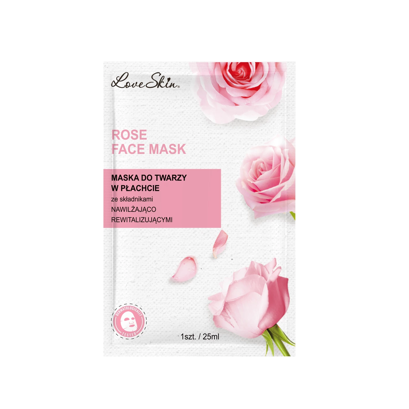 Love Skin Nawilżająco-rewitalizująca maseczka pielęgnacyjna w płachcie z naturalnymi ekstraktami i kwasem hialuronowym Rose 25ml