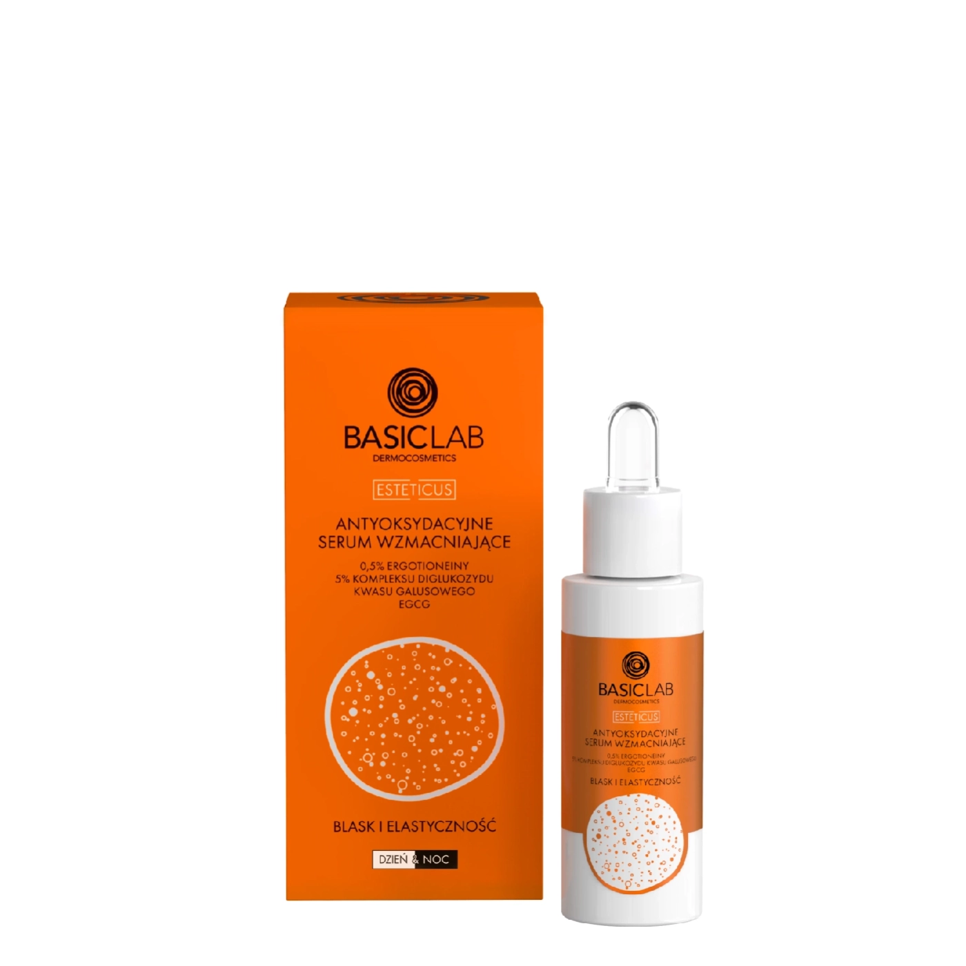 BasicLab Antyoksydacyjne serum wzmacniające 0,5% ergotioneiny, 5% kompleksu diglukozydu kwasu galusowego, EGCG, Blask i Elastyczność 30ml